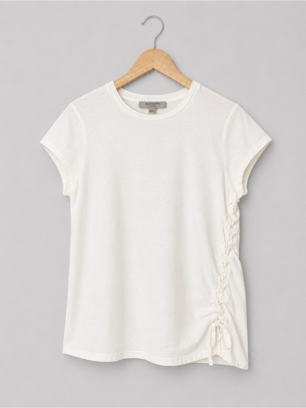 AllSaints White Ruched Side Tie Tee Minimalist Crew Neck Short Sleeve Cotton Top
